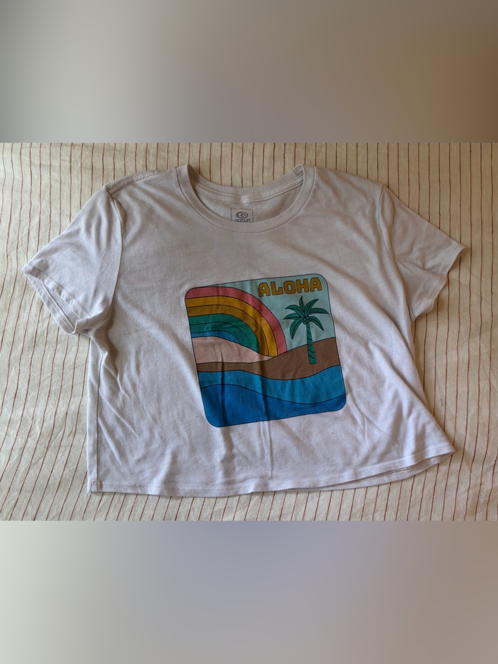 Rip Curl White Crop T-Shirt with Multicolor Aloha Graphic